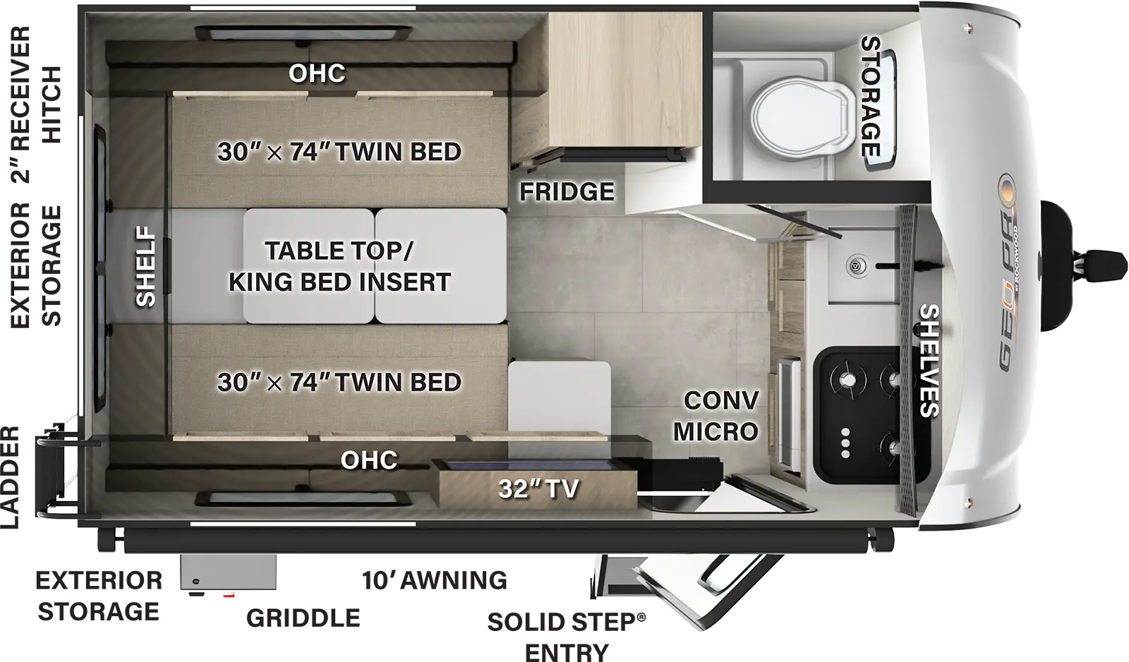 The Rockwood Geo Pro G15TB has one entry and zero slide outs. Exterior features include: fiberglass exterior and 10' awning. Interiors features include: front kitchen.